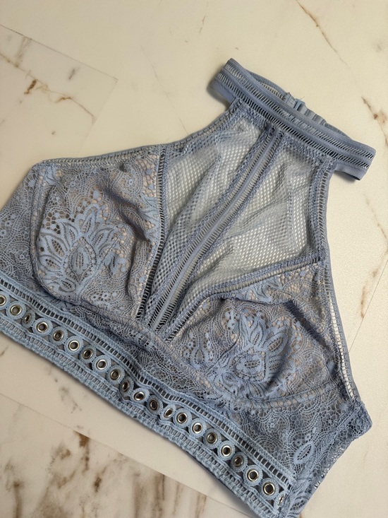 Victoria's Secret Other - Victorias Secret High Neck Halter Top Baby Blue Sz M-L Festival Mesh Lace Eyelet